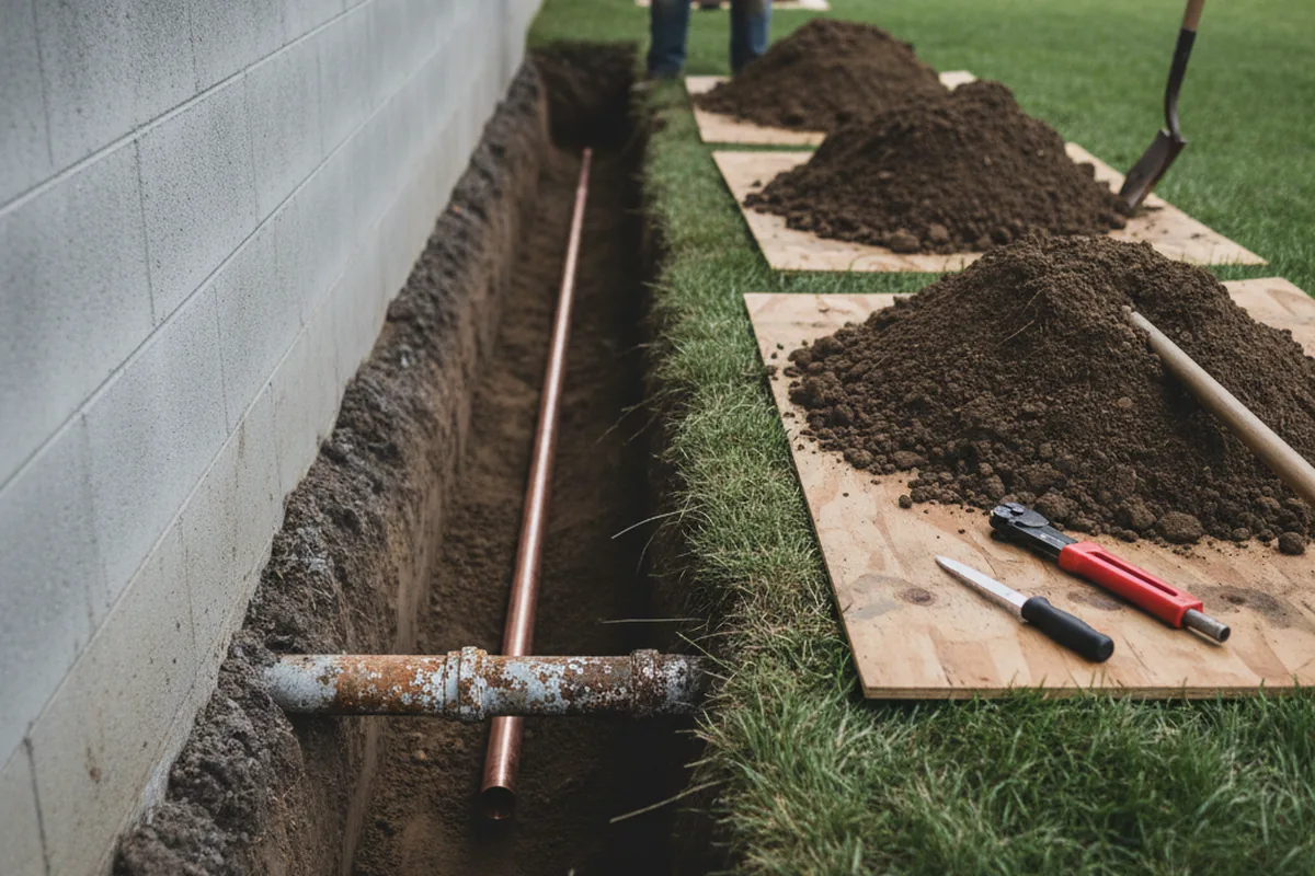 Excavated water line trench during Water Heater Repair in Helena